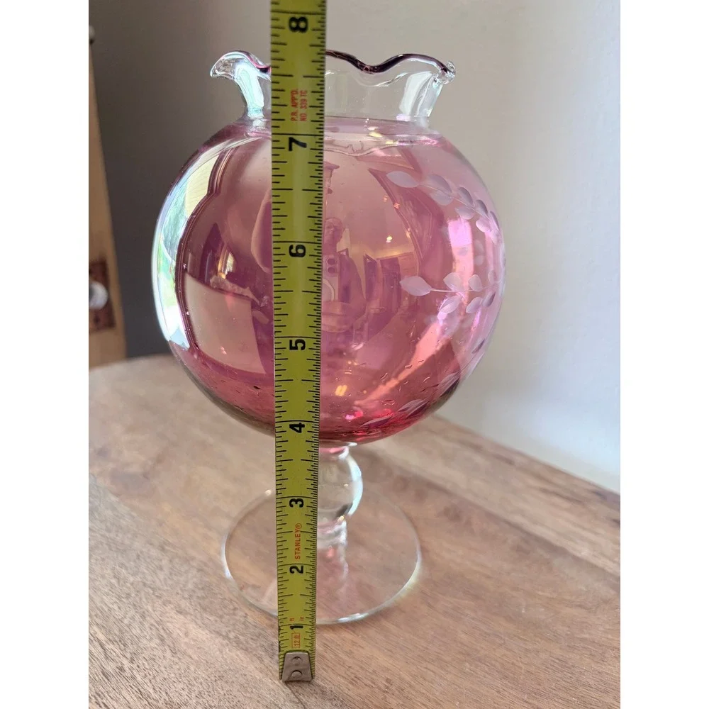 Vintage Cranberry Glass Etched Floral Pedestal Vase Ruffled Rim 7.75 Inch